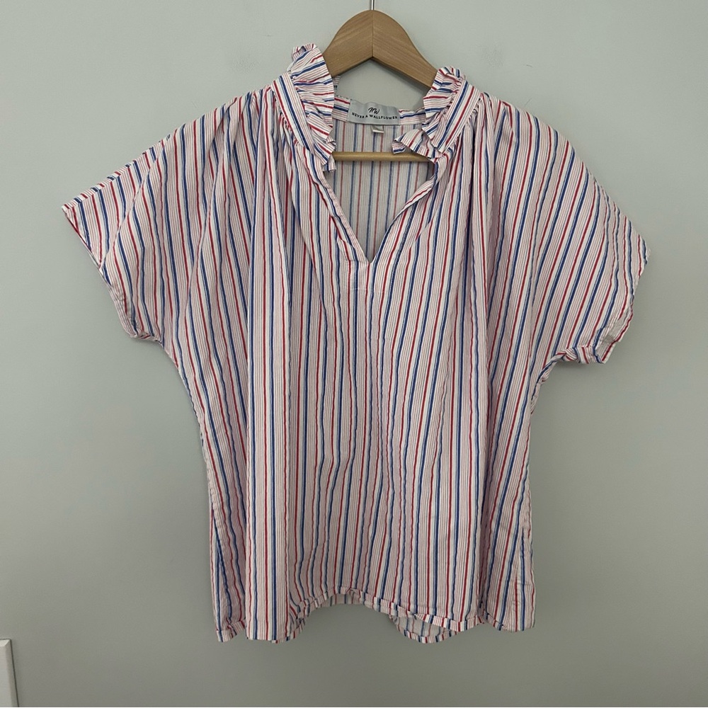 Never A Wallflower Red Blue Striped Ruffle Neck Blouse